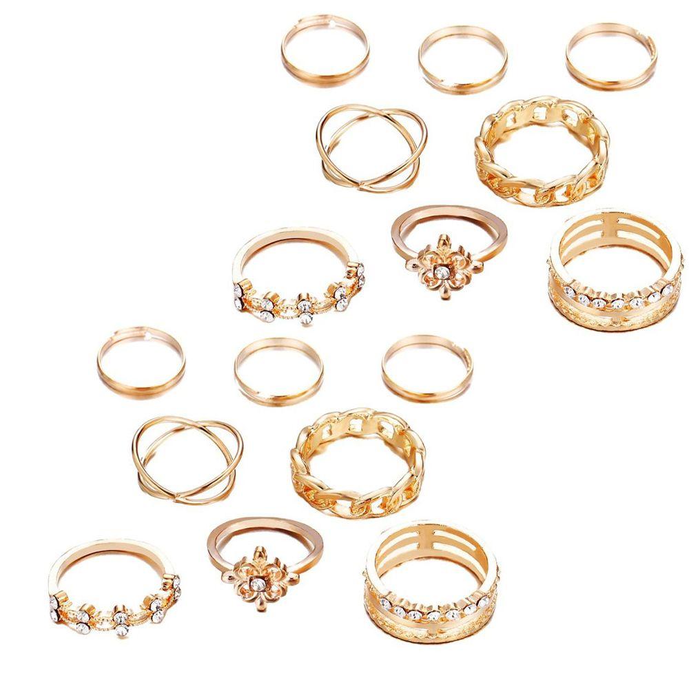 

16PCS Gifts Crystal Women Elegant Shiny Golden Ring Vintage Multilayer