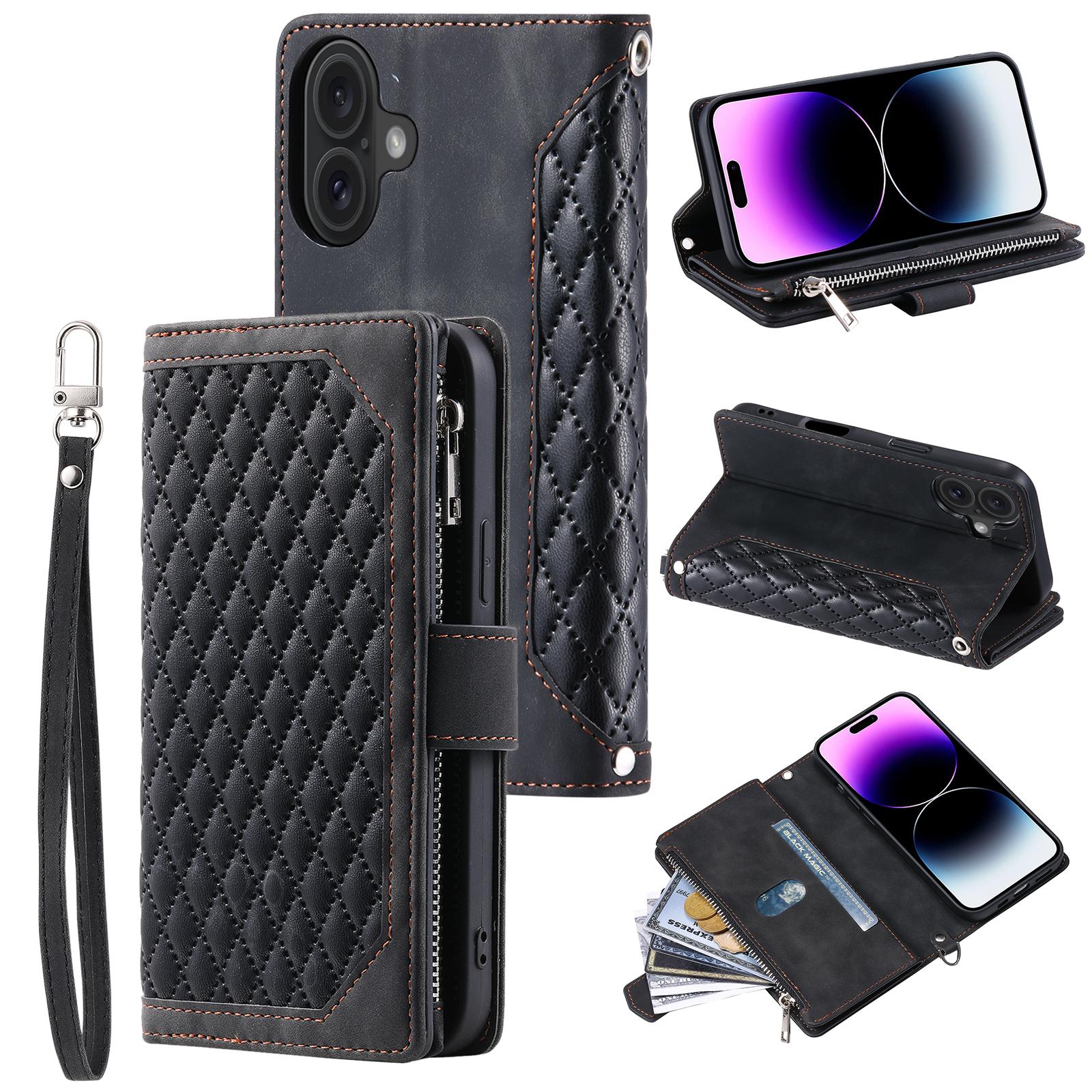 

For iPhone 17 Wallet Case Rhombus Stitching Line PU Leather Phone Cover with Wrist Strap