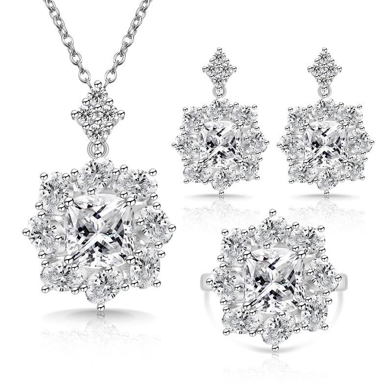 Cross-border High-end Heavy Industry Zircon Set Colorful Treasure Women s Ring Necklace Stud Earrings Jewelry Ring Size:Adjustable