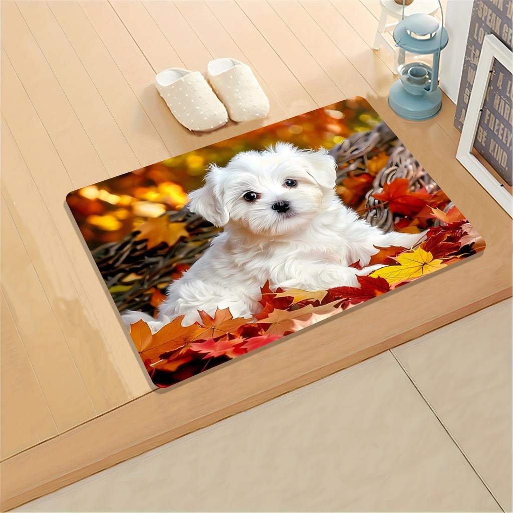 Cute puppy pattern non-slip welcome carpet lying on the autumn maple leaves