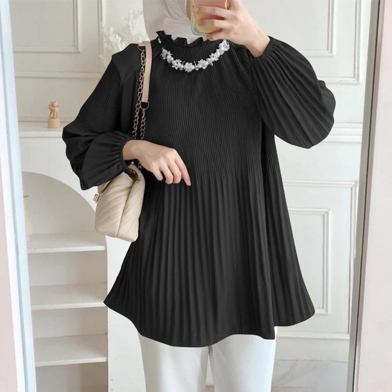 

ZANZEA Женская повседневная блузка с круглым вырезом и длинными рукавами S чёрный