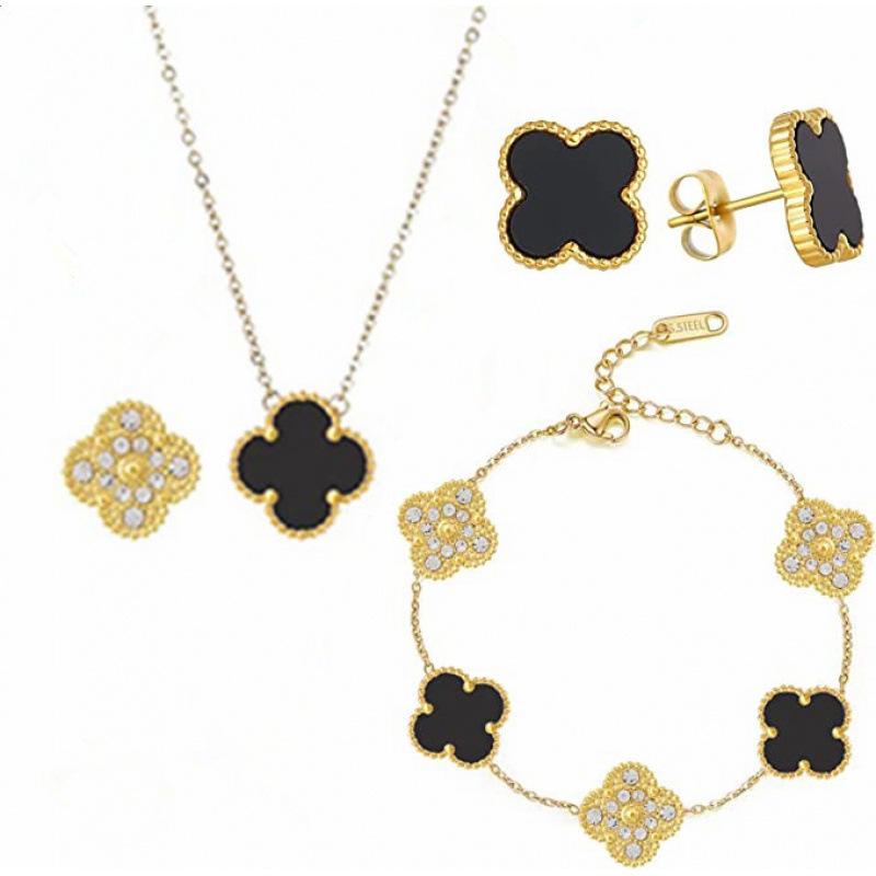 Four-leaf Clover Necklace Bracelet and Earring Set Titanium Steel Colorfast Five-flower Bracelet