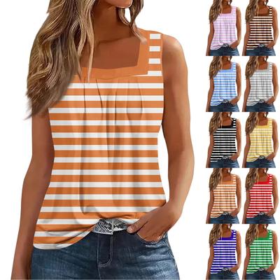 Women's Pleated Square Collar Sleeveless Vest Print T-shirt