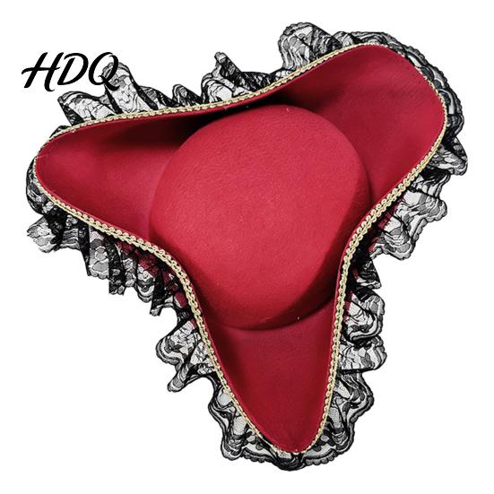 Gothic Halloween Hat Pirate Hat Captain Costume Accessory with Burgundy Lace Photo Prop And Feathered Decor Lightweight Vintage Style Buccaneer Cap A