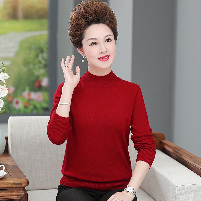 Women's 100% Pure Wool Sweater - Thick, Half High Neck for Middle-aged & Elderly, Autumn/Winter