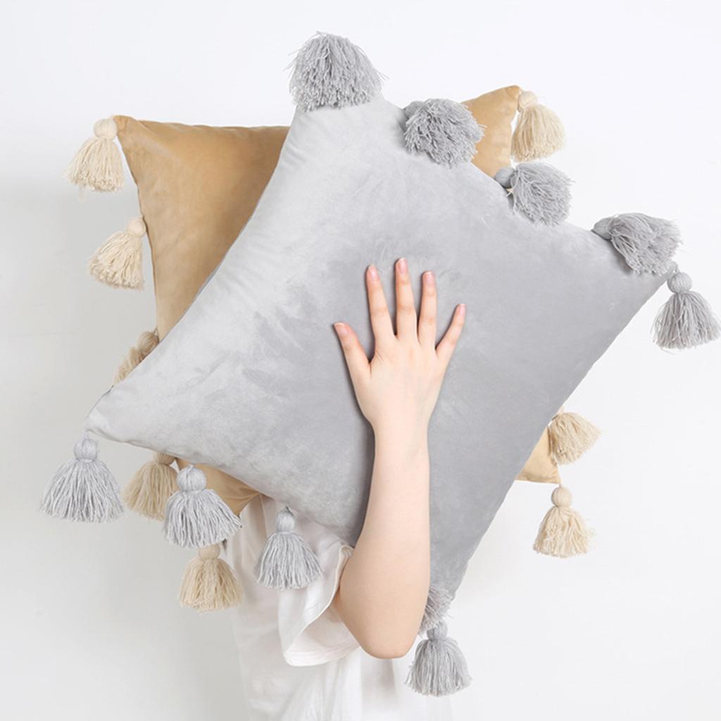 Comfortable Velvets Throw Pillowcase with Fringes Detail Bohemian Cushions Cover for Bed and Chair