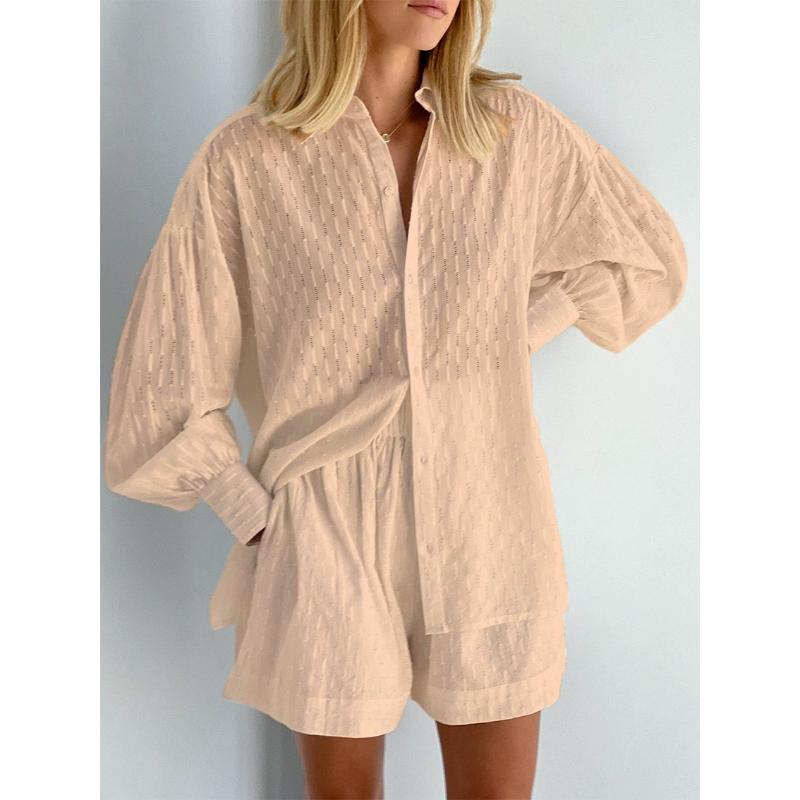 Casual Loose Women Short Two Piece Set Suit Fashion Blouse Long Sleeve Shirt Lady Simple Style Shorts Streetwear Blouse Tops