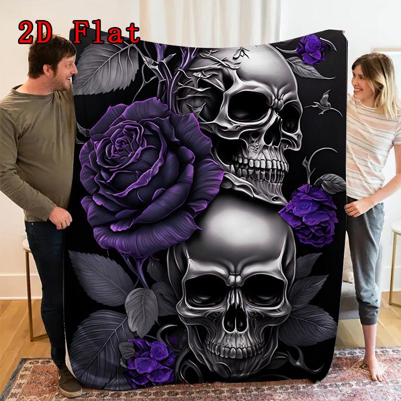 Purple skull and roses 2D Flat Pattern Flannel Blanket High quality All Seasons Warmth and Comfort Perfect for Christmas Gifts.SMT0917587
