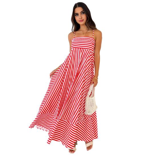 Striped Sleeveless Maxi Dress for Women Spaghetti Strap Smocked Swing Long Dress Summer Vacation Cami Sundress