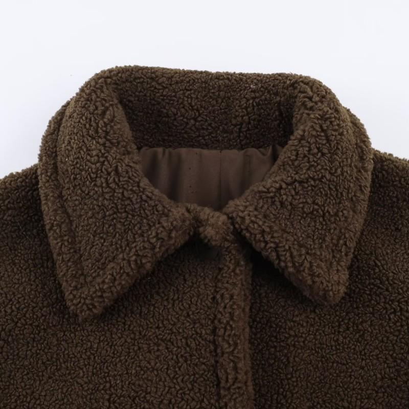 Womens Long Fleece Coat With Turn-Down Collar Single-Breasted Button Front Street Style Oversized Outerwear