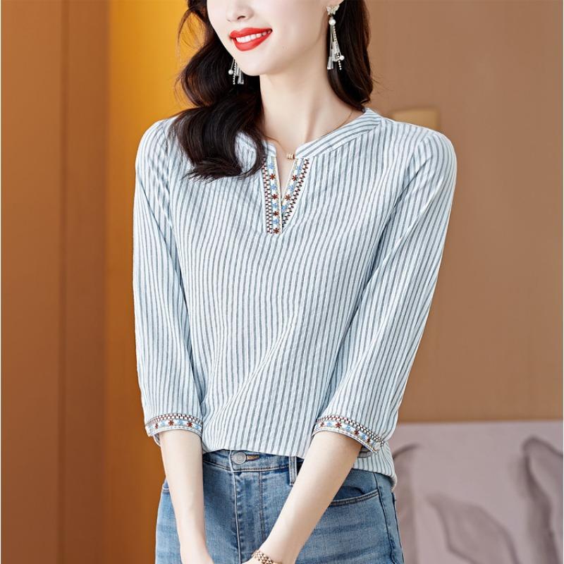 Women's Striped Linen Blouse - V-Neck Embroidery Three-Quarter Sleeve Casual Top