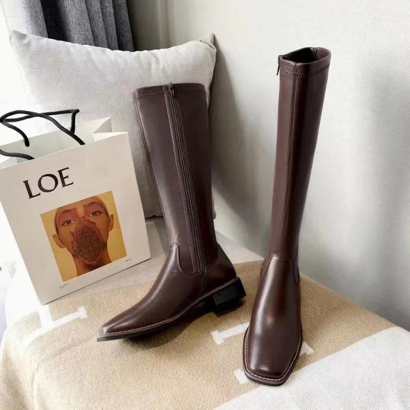 Fashion Winter Women's Long Leather Boots Fashion Solid Color Simple Autumn New Woman Brown Knee High Boots Fashion Leisure Gothic Botas