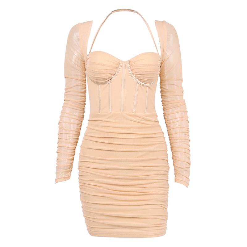 Avrupa ve Amerikalı kadın seksi örgü perspektif kılçık pilili sırtı açık sıkı şal kalça askılı elbise yazlık elbise