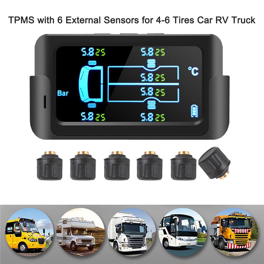 

Система контроля давления в шинах TPMS для легковых и грузовых автомобилей, зарядка от USB/солнечной энергии + 6 внешних датчиков