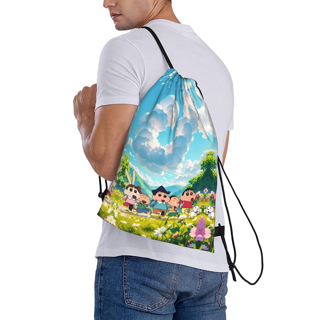 Custom Crayons Shins Chans Drawstring Backpack Sports Gym Bag for Men Women Cartoon Training Sackpack
