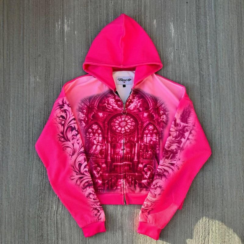 Y2K Vintage Court Mikina na zip Jasně žlutá Tisk s malbou kostela Streetwear