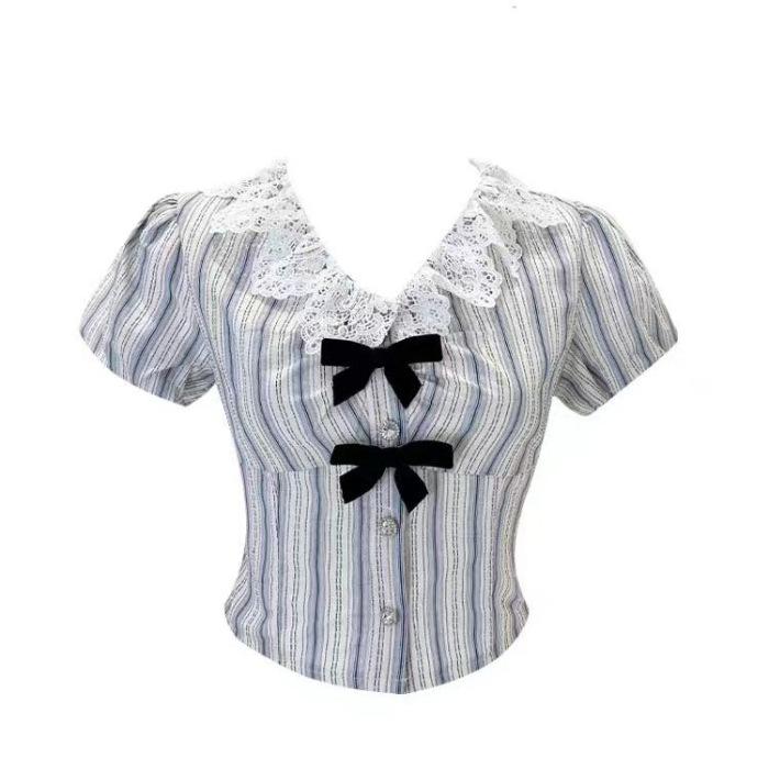 

Spice Girl Bow Striped Short Sleeve Shirt Women s Summer Lace Splicing Doll Collar Design Sense Short Skirt Fashion Suit S белый