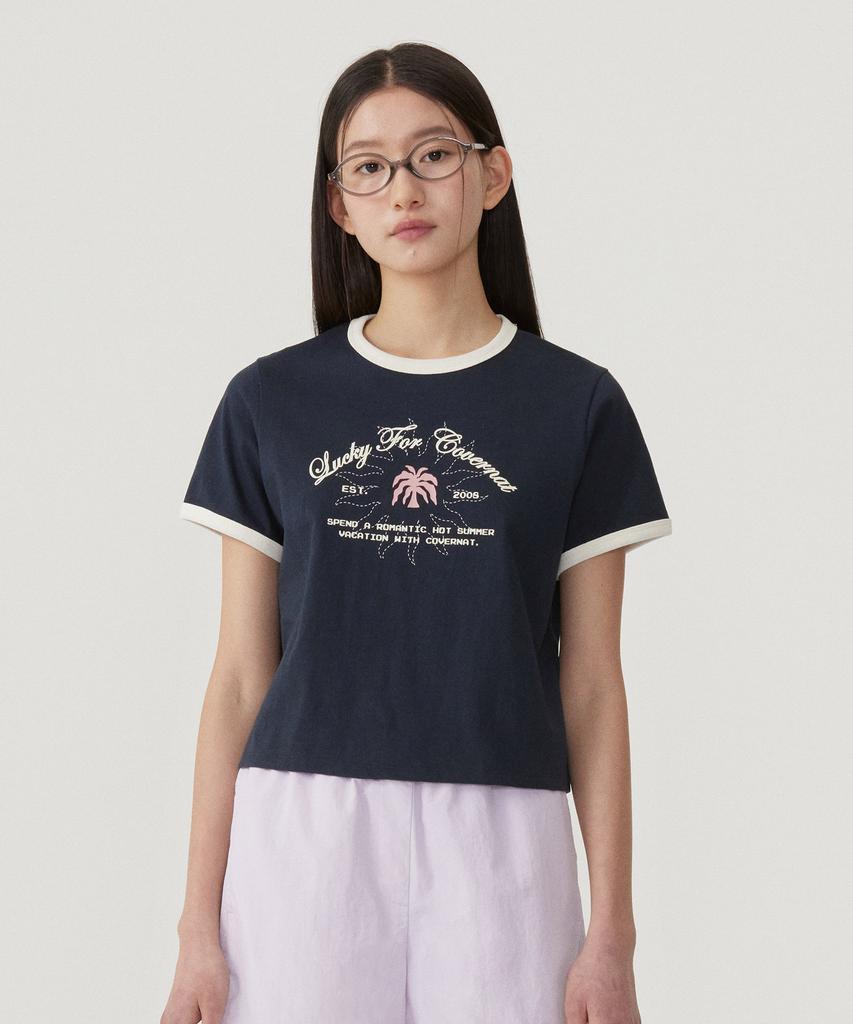 COVERNAT WOMAN Summer Graphic Ringer T-Shirt Navy