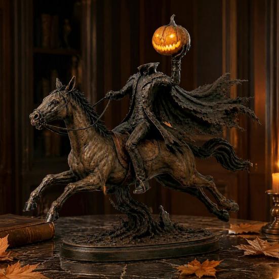 Estatua del Jinete sin Cabeza de Halloween con Luz de Calabaza LED, Decoración de Fantasma Iluminada de Resina, Figura de Caballero, Escultura de Terror para Decoración de Mesa del Hogar