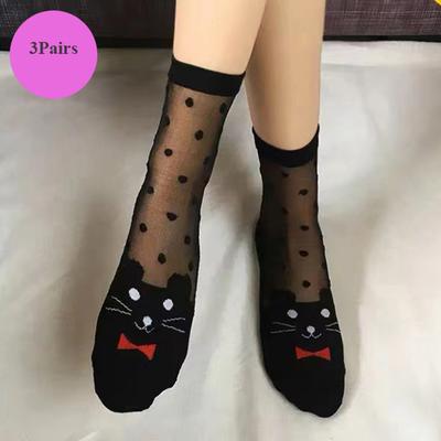 3 Paires Chaussettes Chat Femme Été Dentelle Cristal Soie de Verre Chaussettes Courtes Fines Transparentes Dessin Animé Jacquard Élastiques Ultra-Fines