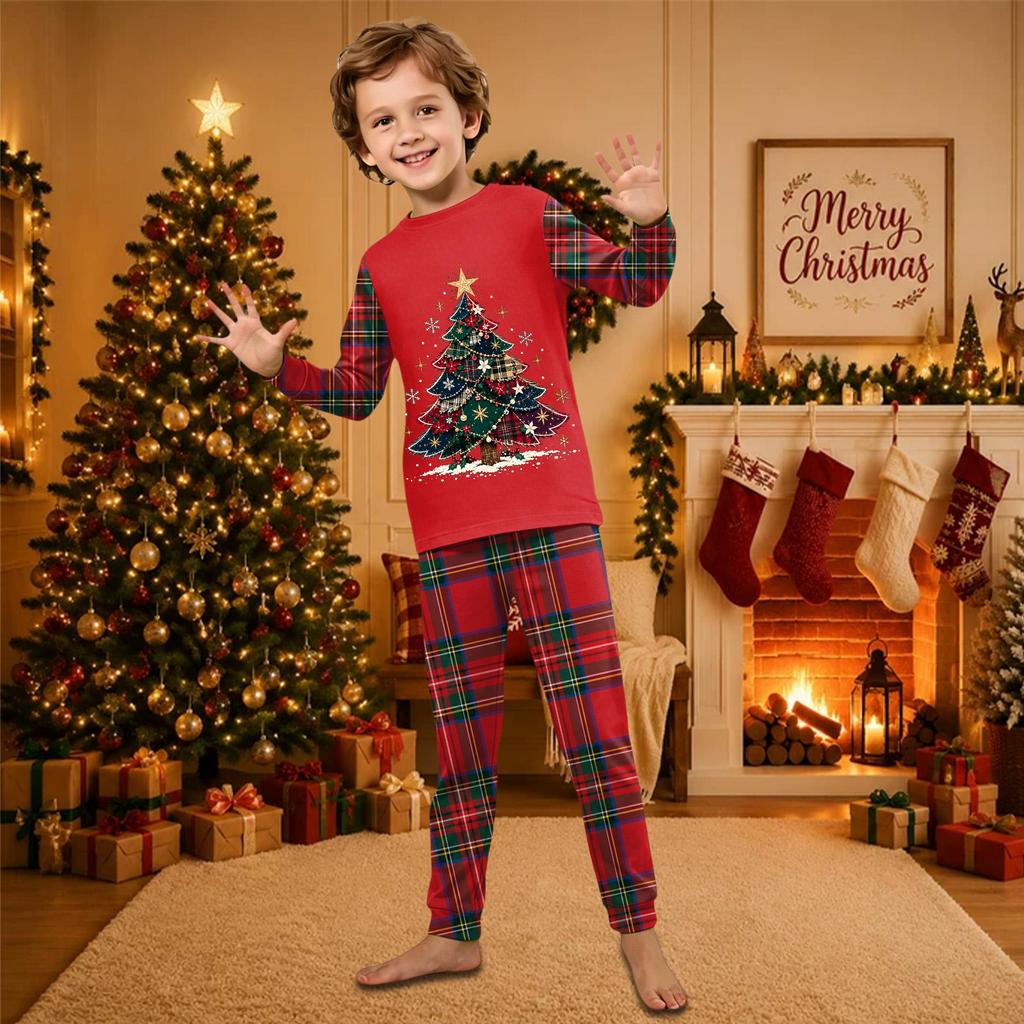 Christmas-print long-sleeve and long-pant matching family loungewear set