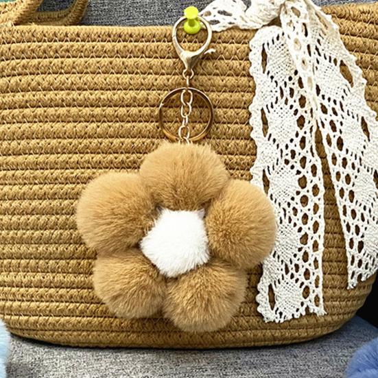 Lightweight Bag Decor Plush Flower Keychain for Handbags, Five-petal Charm, Metal Key Chain Fluffy Backpack Hanging Accessory Women