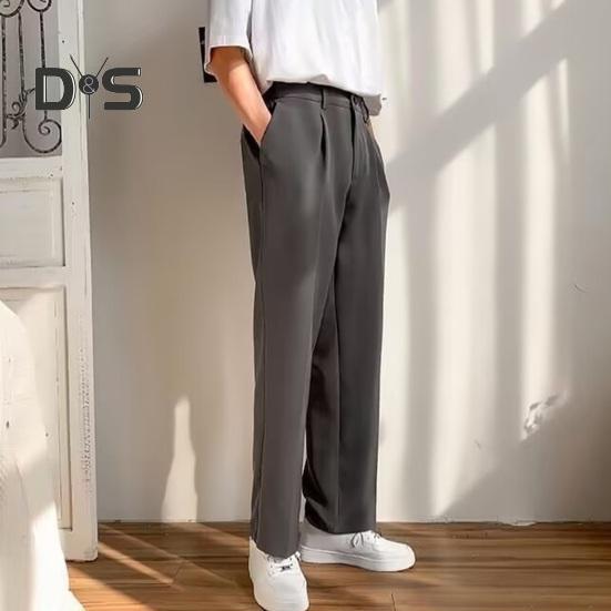 Men Suit Pants Wide Leg Loose Straight Elastic Waistband Formal Business Style Side Pockets Button Zipper Closure Solid Color Office Trousers