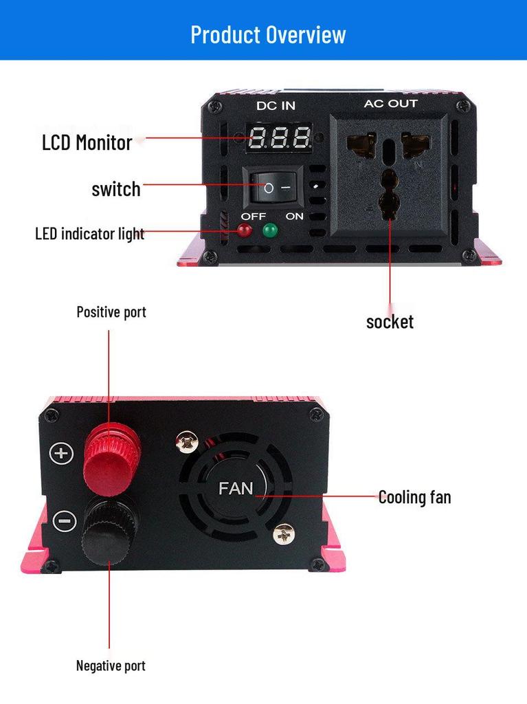 1000W-3000W Pure Sine Wave Inverter, 12V/24V to 110V/220V Home & Vehicle Power Converter