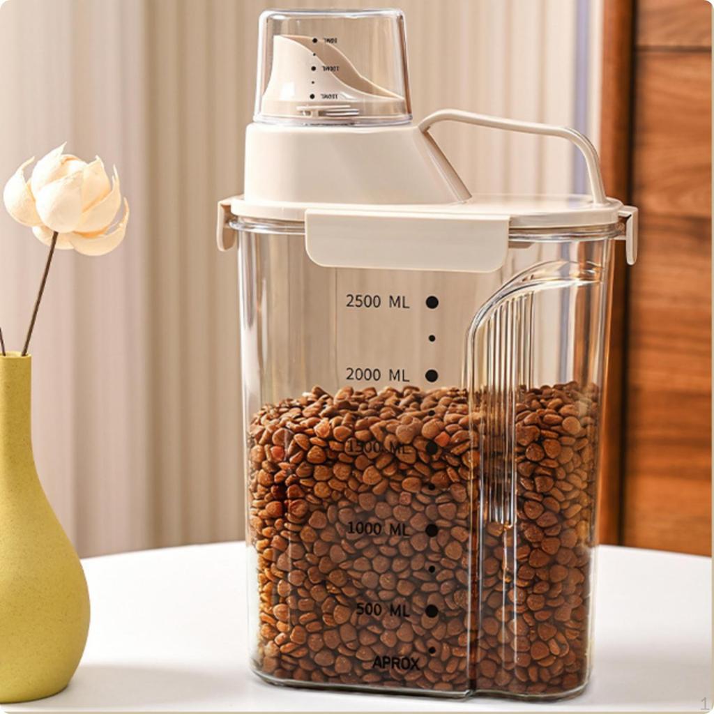 Pet Kibble Holder with Measuring Cup Transparent Dry Food Dispenser Pouring Opening