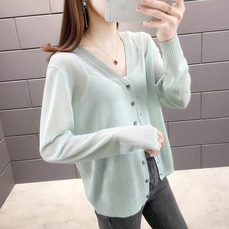 Spring and summer outer long-sleeved thin loose sunscreen top fashionable foreign style solid color simple V-neck ice silk knitted sweater women