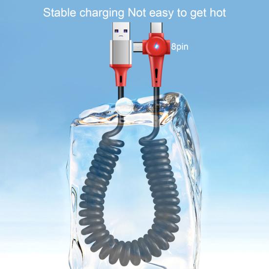 Cablu de încărcare USB 3-în-1 100W Încărcare super rapidă Retractabil în formă de T cu lumină LED Tip C/Micro USB/Cablu de date cu arc cu 8 pini