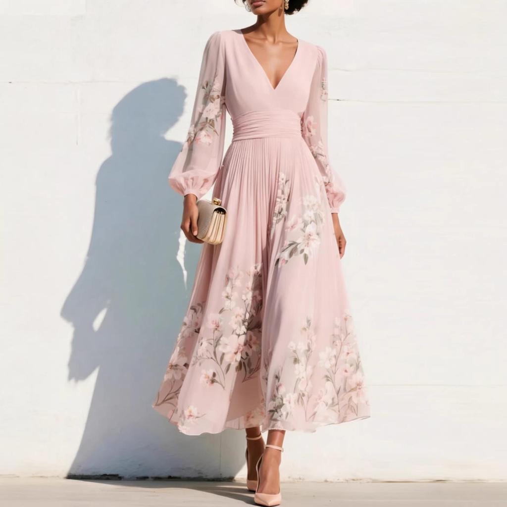 Women's V-Neck Floral Long Sleeve Pleated Dress 2026