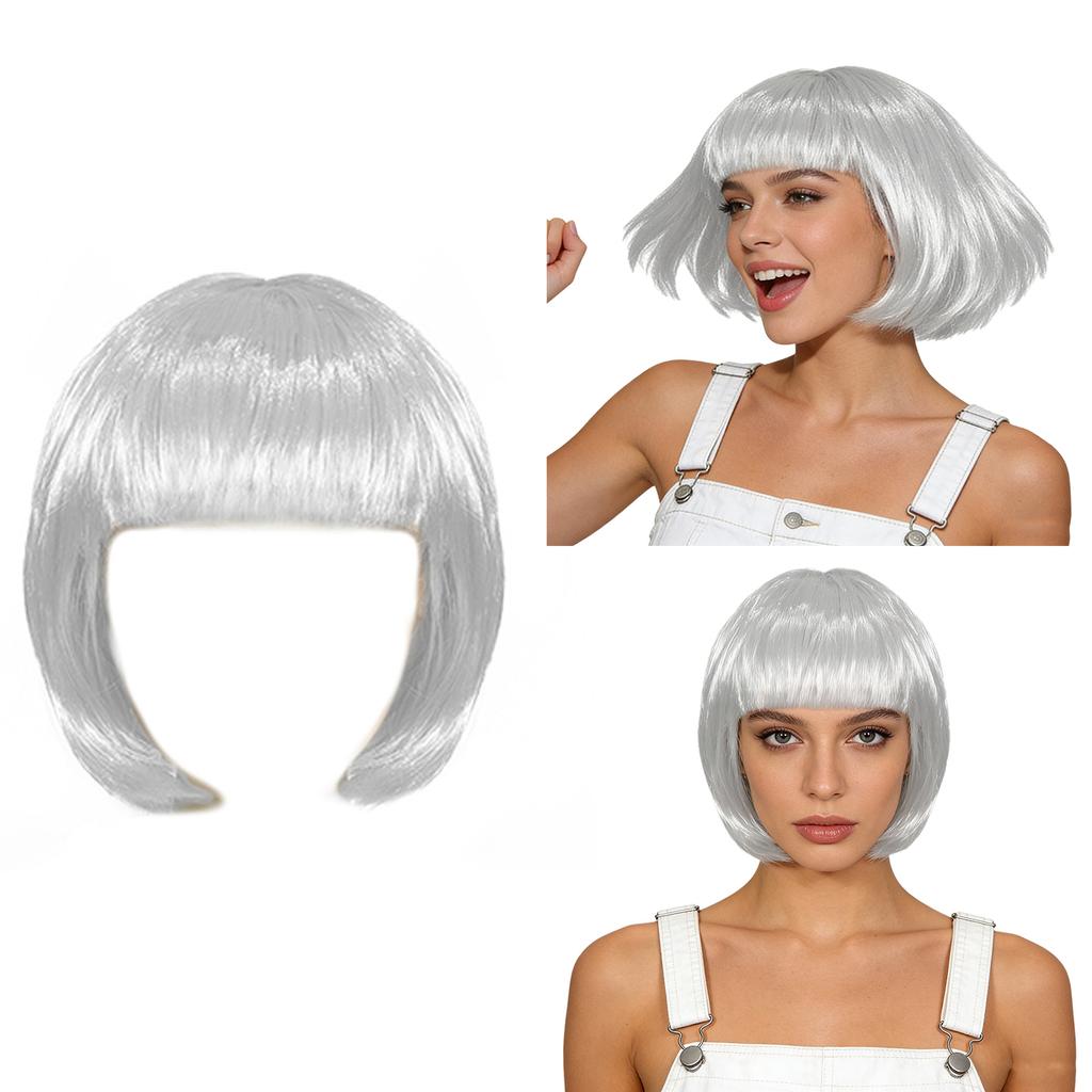 Short Straight Bob Hairpiece for Women Blunt Cut Bangs Cosplay Wig Halloween Themed Party Daily Use