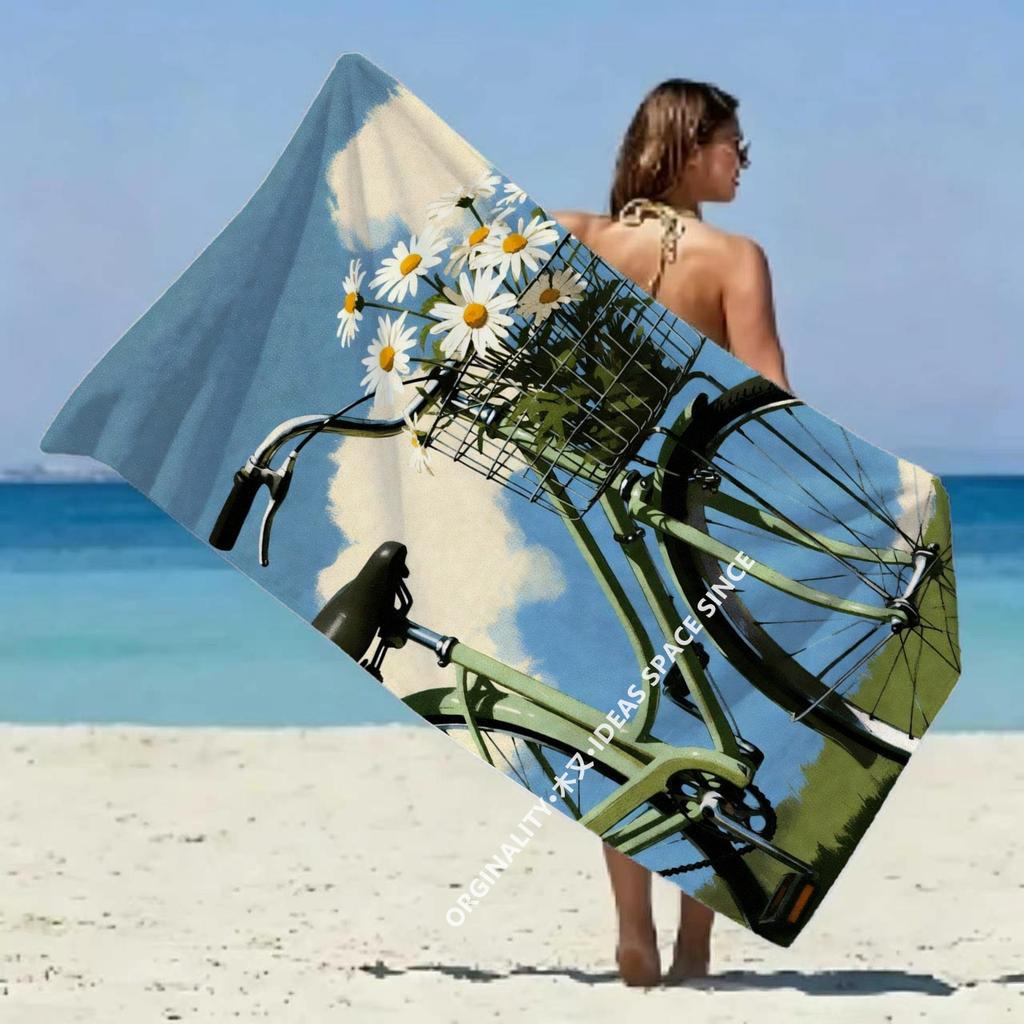 Vintage Daisy Bike Beach Towel Patterned Sunscreen And Windproof Suitable For Swimming Pool Camping Travel Blanket