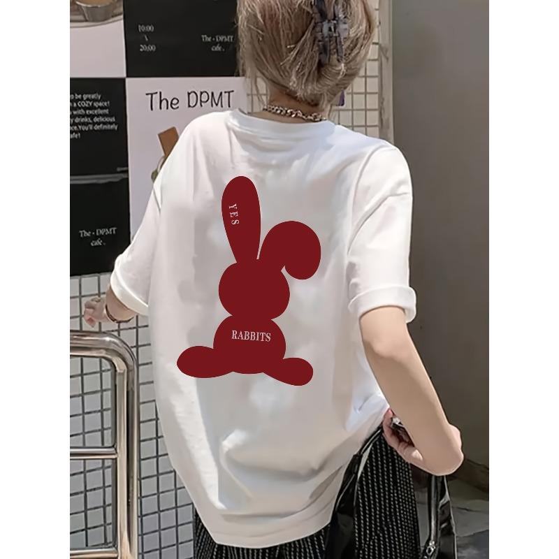 

Европейские размеры Красный Кролик Принт Круглый Вырез Футболка, Повседневный Топ с Коротким Рукавом для Весны И Лета, Женская Одежда S белый