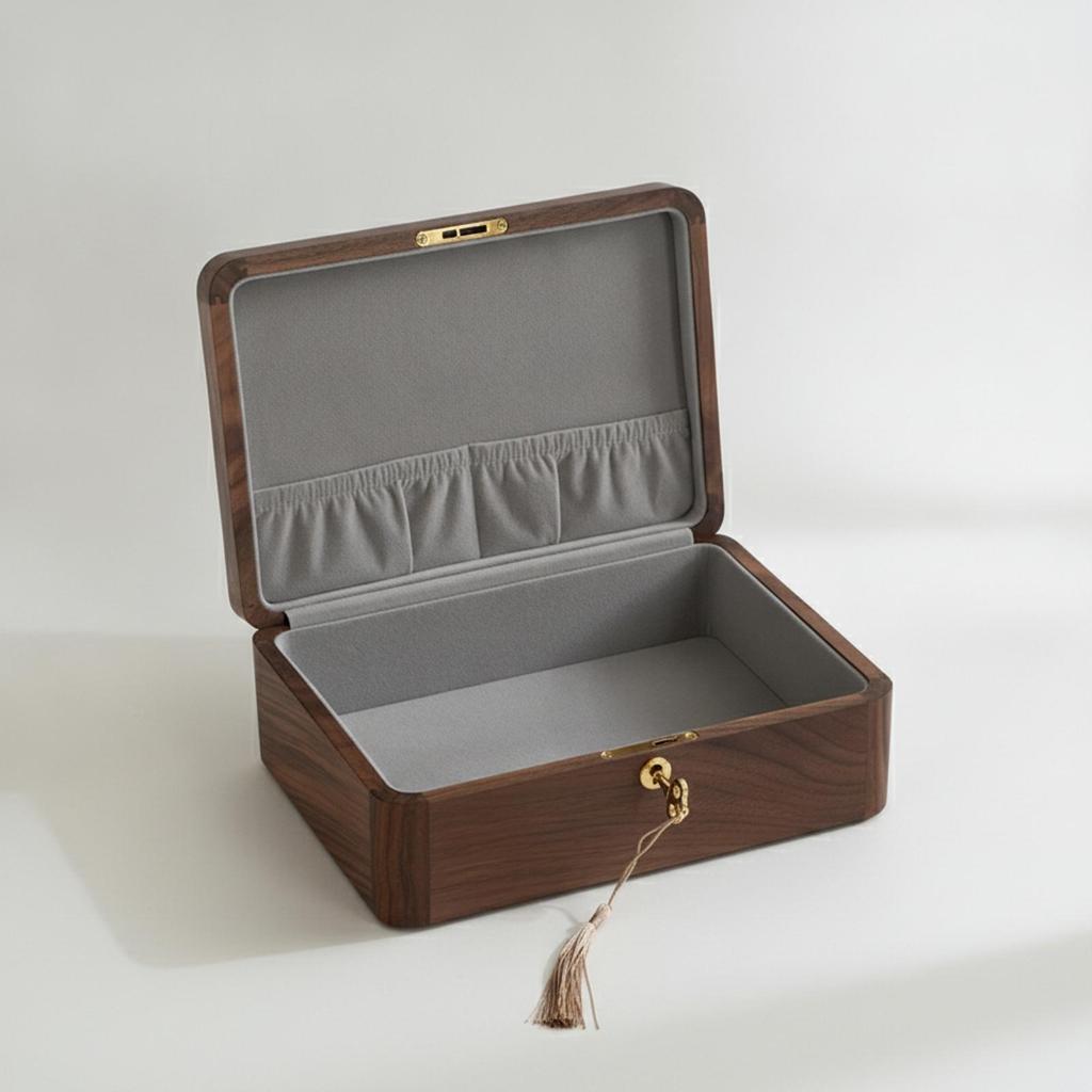 Dust-Proof Walnut Jewelry Box with Hinged Lid Sturdy Lockable Storage