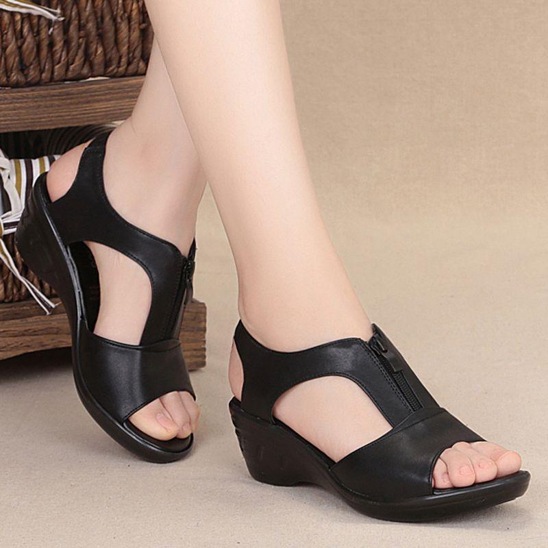 

Summer new Korean version fashion fish mouth front zipper wedge heel fashion casual large size women s Roman retro sandals batch 35 чёрный