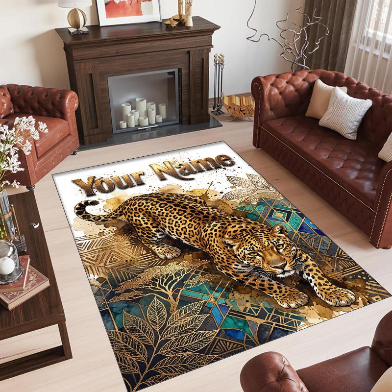 Lion Tiger Theme Crystal Velvet Rug Personalized Custom Name Text Soft Floor Mat Home Decor