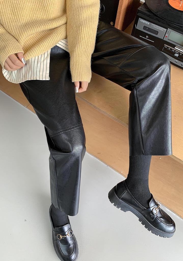 Syvent Length PU Leather Straight Elastic High Waterproof Faux Straight Casual Bottoms Women's 9/10 Pants, Waist, Leather, Leg,