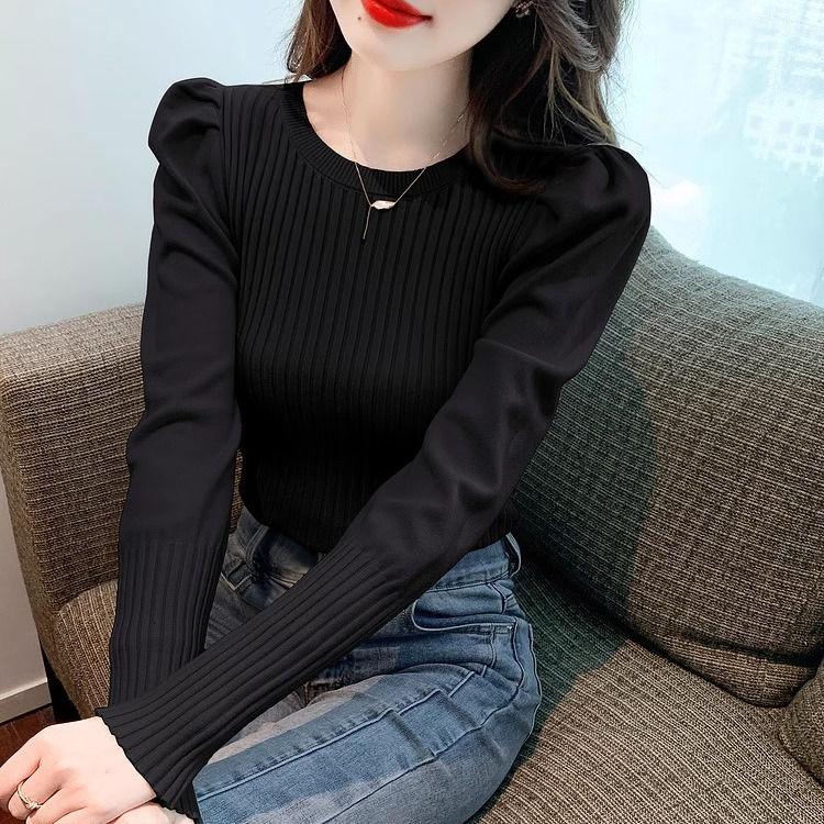 Módní pletené základní tričko s kulatým výstřihem v korejském stylu, dámské univerzální top s bublinkovými rukávy pro podzim a zimu, temperamentní jednobarevné