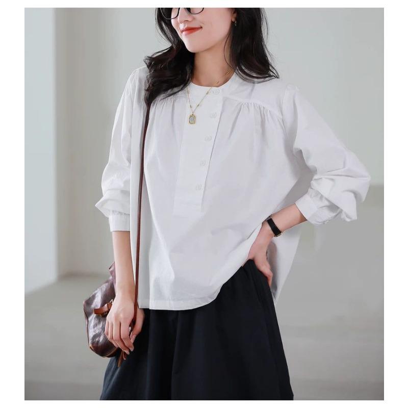 

Women s Autumn New Hand-pleated Pullover Top Stand-up Collar Long-sleeved Solid Color Shirt L білий