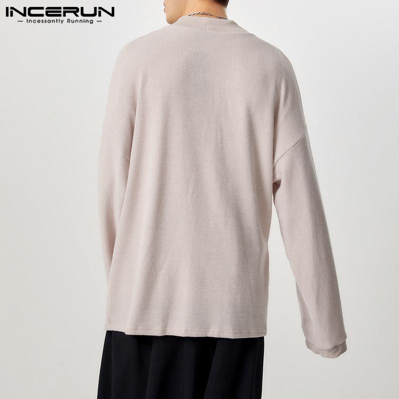INCERUN Oversized Men Drop Shoulder Long Sleeve Bandage Ribbed Cardigan Baggy Kimono Tops