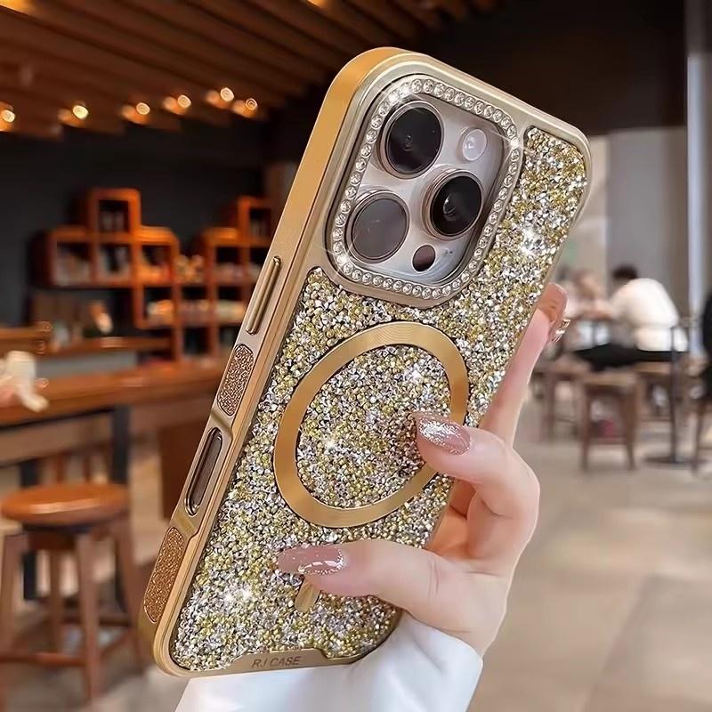 Plating Sparkling Rhinestone Diamond Bling Magnetic for MagSafe Case For iPhone 17 16 15 14 Pro Max Shockproof Luxury Back Cover