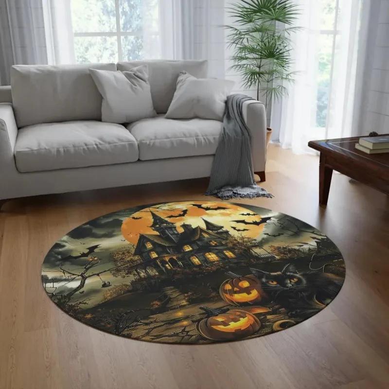 

Ancient Castle Circular Carpet Black Cat Round Area Rug Halloween Bedroom Floor Carpet Washroom Floor Mat Carpets for Bed Room 60cm