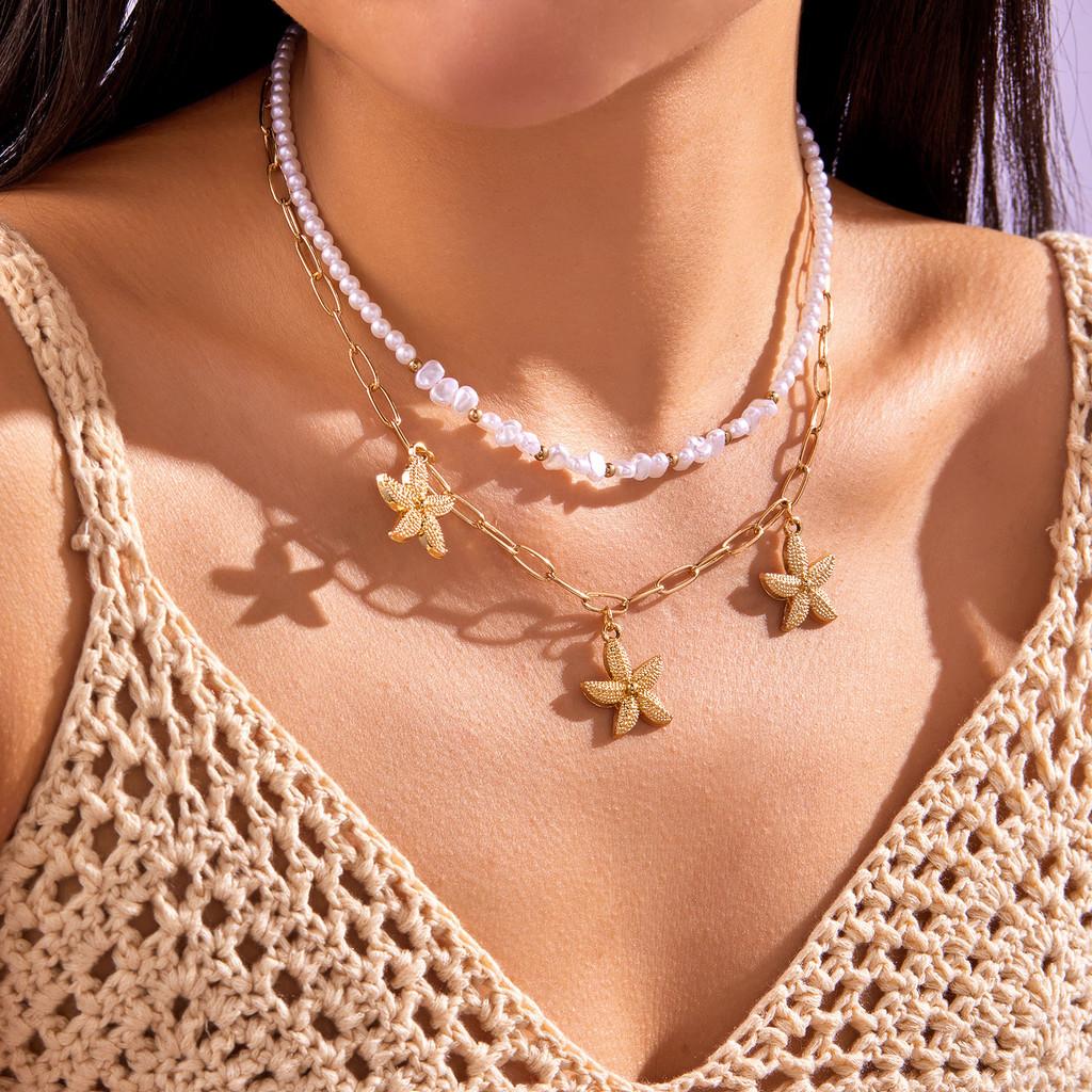 Bohemian Starfish Pearl Pendant Necklace For Women With Multilayer Design And Zinc Alloy Chain