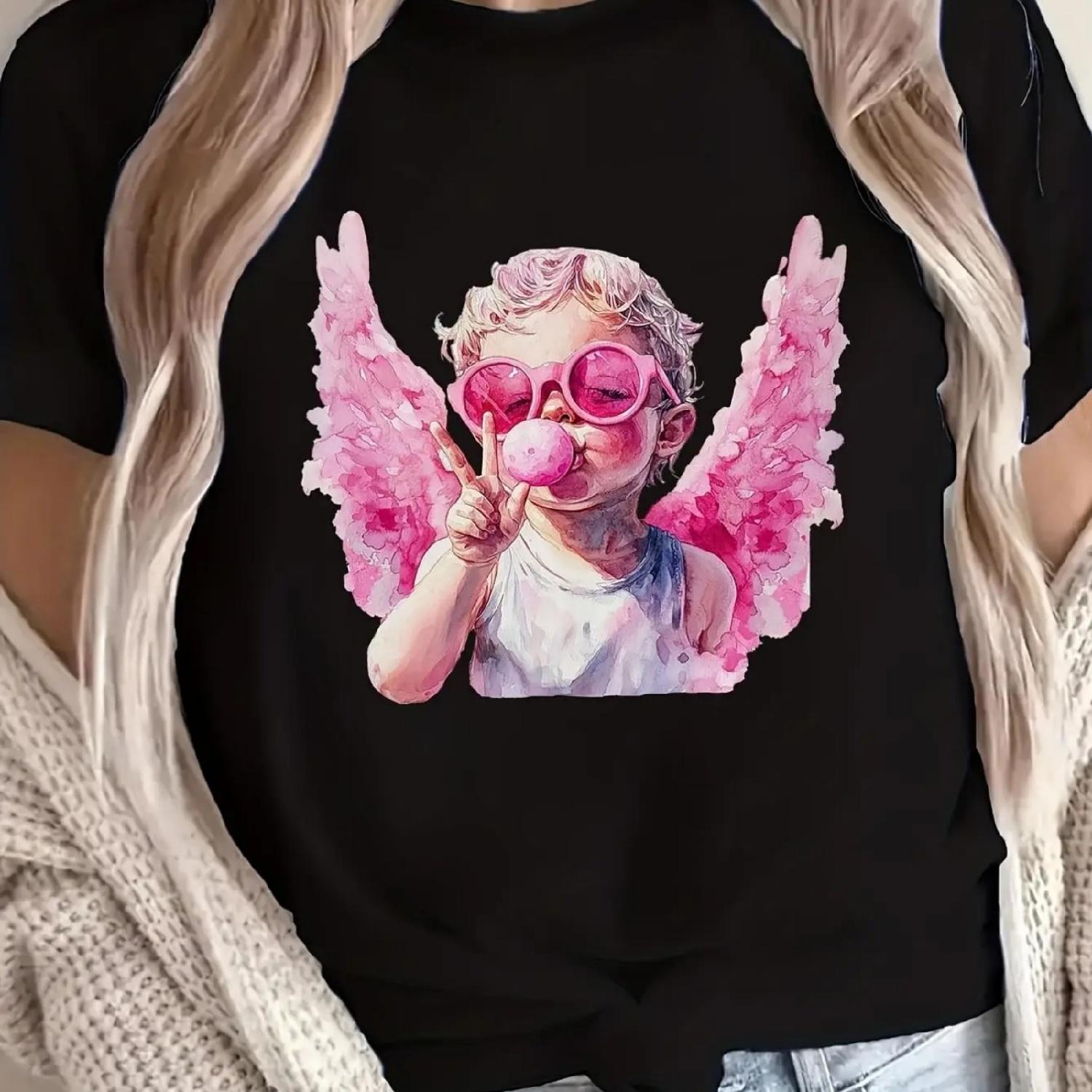 

Women s 100% T-Shirt - Casual Crew Neck, Valentine s Day Pink Wings Cupid Angel Blowing Bubbles Print, Short Sleeve Top Tee For XXXXXL різнокольоровий