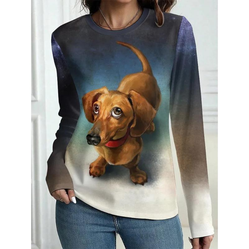 Autumn and Winter Women's Animal 3D Printed Crew Neck Long Sleeve T-Shirt