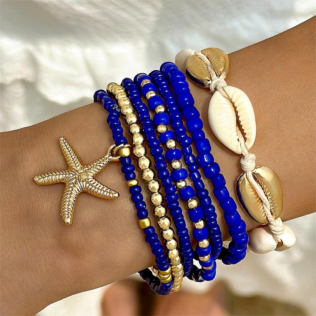 7Pcs Bohemian Shell Bracelet Set For Women Starfish Charm Rice Beads Wristband Bangle Girl Summer Beach Jewelry Accessory