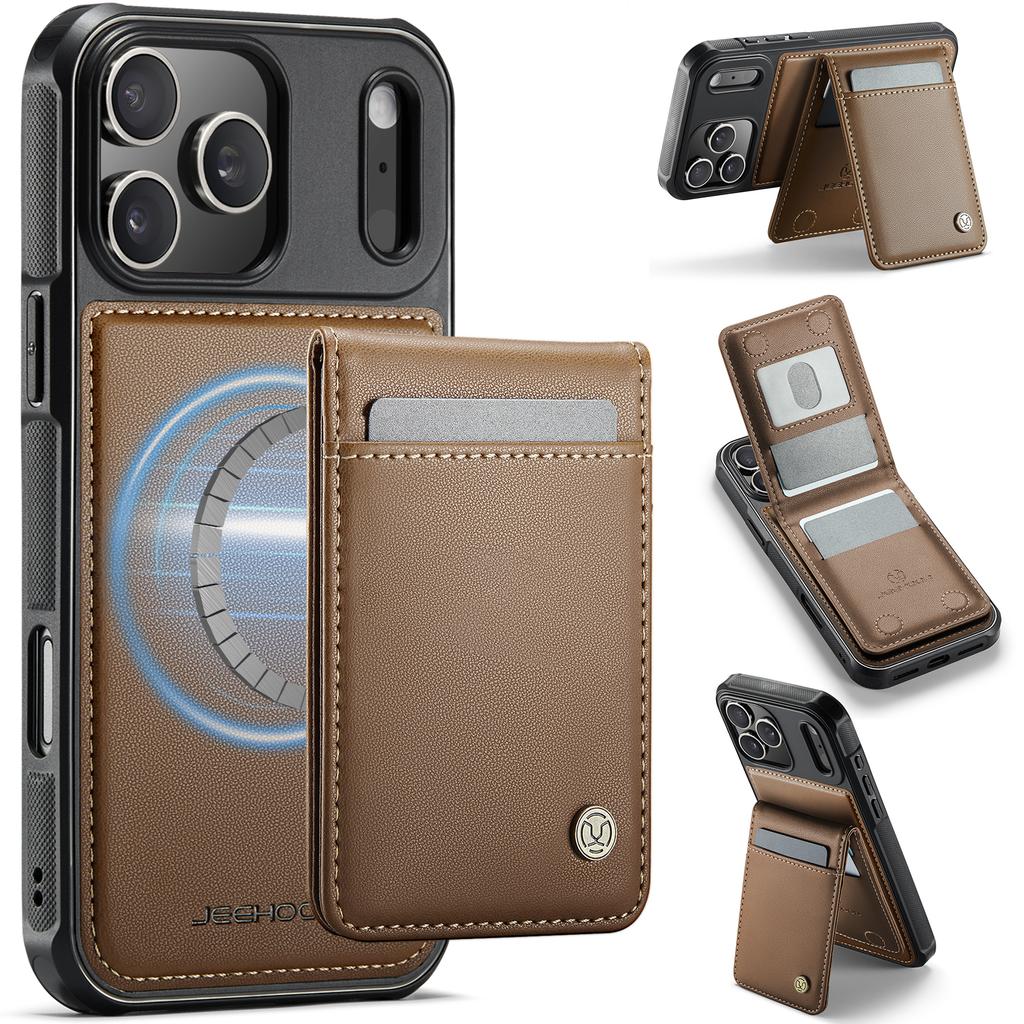For iPhone 17 Pro Max Leather Back Cover JEEHOOD J06 Magnetic Phone Case with Card Bag RFID Blocking
