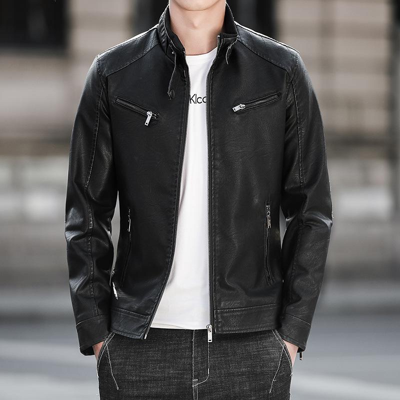 Lederjacke Herren Herbst und Winter Lokomotive Lederjacke Koreanische Version Slim Fit Samt Verdickt Vielseitige Herrenbekleidung